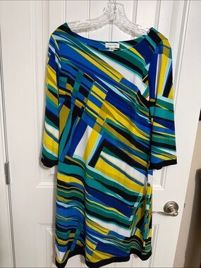 Calvin Klein Blue, Yellow & Green Geometric Long Sleeve Shift Dress
